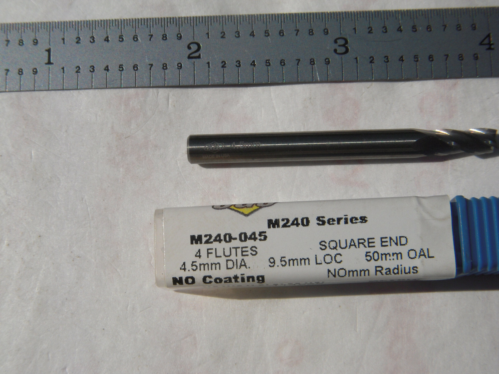 NEW CGS USA 4.5MM DIA. X 9.5MM LOC X 50MM OAL C.C. 4FL. CARBIDE SQUARE ENDMILL