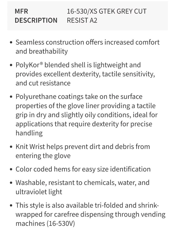 PIP 16-530 ▪︎ Cut Resistant Coated Gloves ▪︎ A3 Cut Level《NEW》Pack Of 12 Size XS