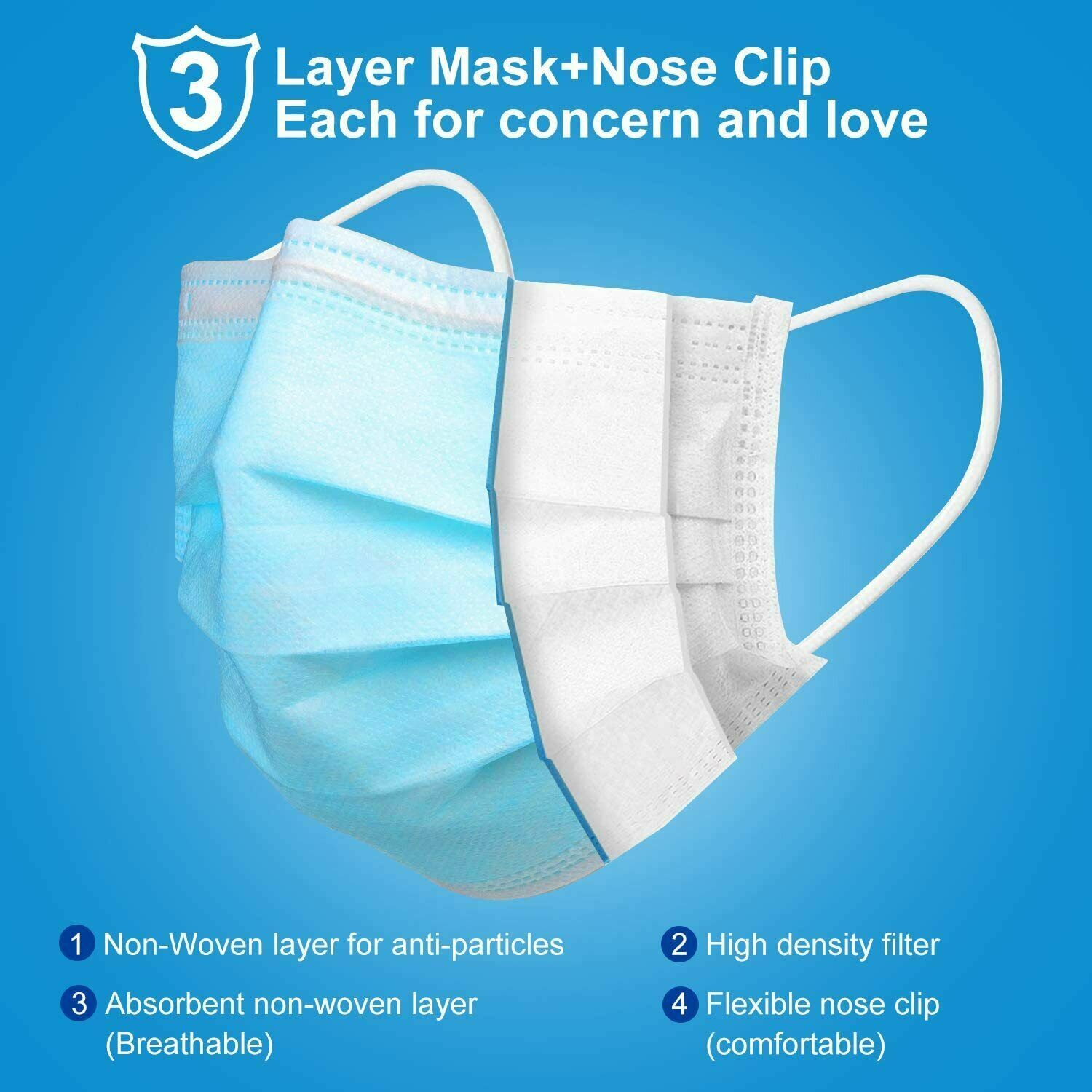10/25/50/100/500/1000 3 Ply Disposable Face Mask MADE IN USA Non Medical