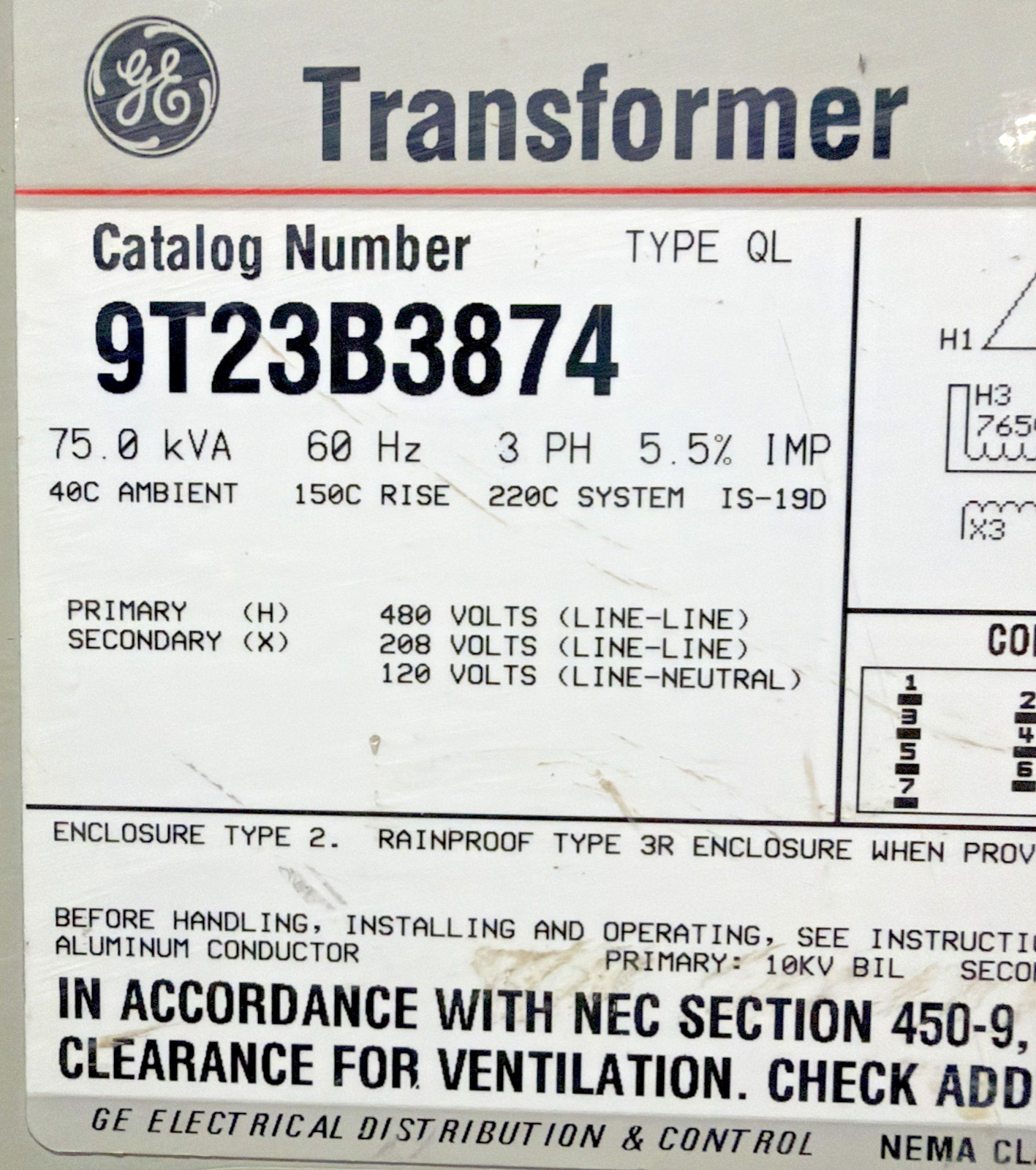 GE 75kVA 480V Transformer 3PH 60HZ 208Y/120V 9T23B3874 🟦