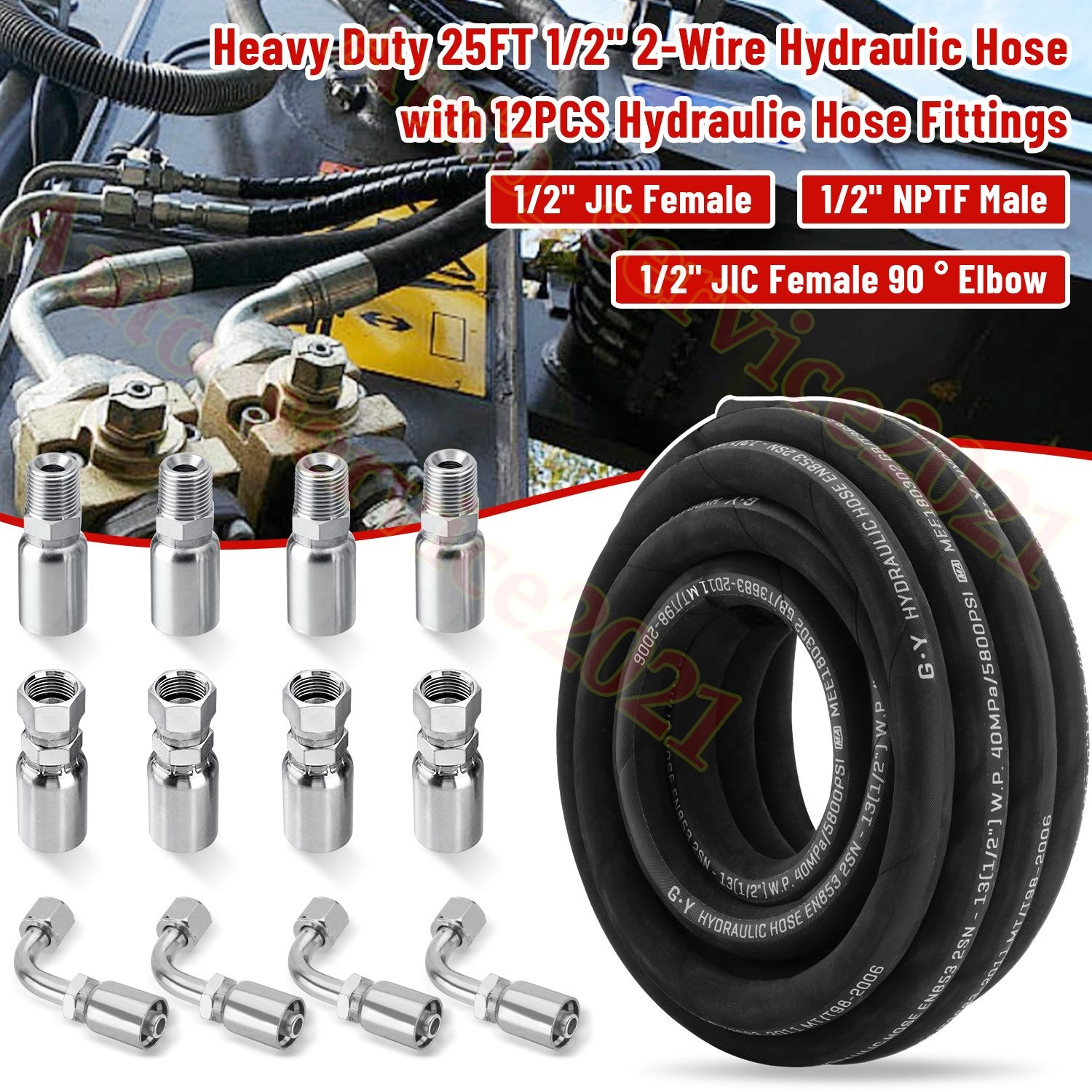 1/2″ 25′ HYDRAULIC HOSE TWO WIRE HOSE FLEXIBLE 40MPa / 5800 PSI WITH 12 FITTINGS