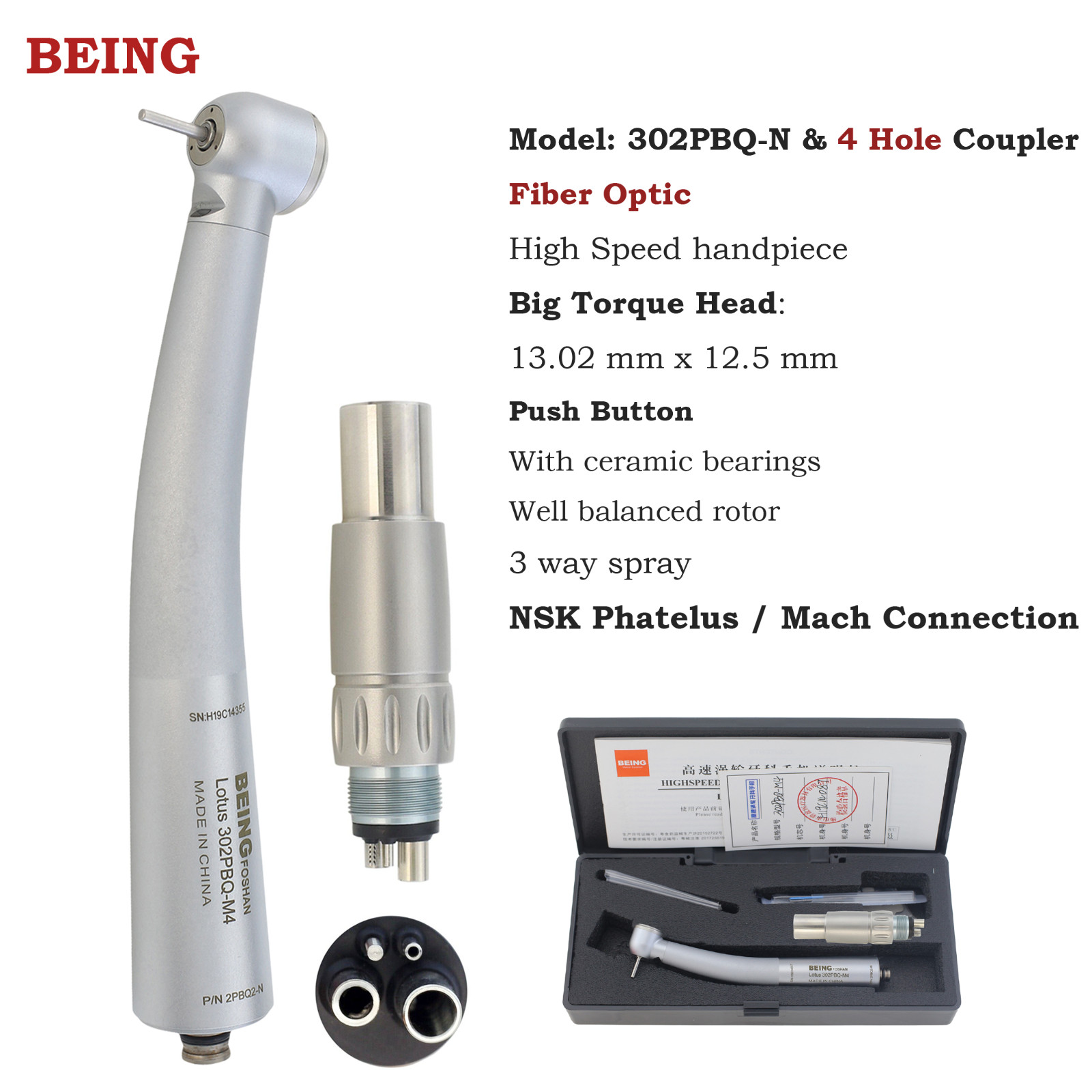 BEING Dental High Speed Turbine Handpiece Fiber Optic LED Coupling 4hole fit NSK