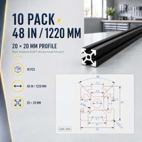 10pk 48″ Black 2020 T-Slot Aluminum Extrusion DIY Frame CNC 3D Printer