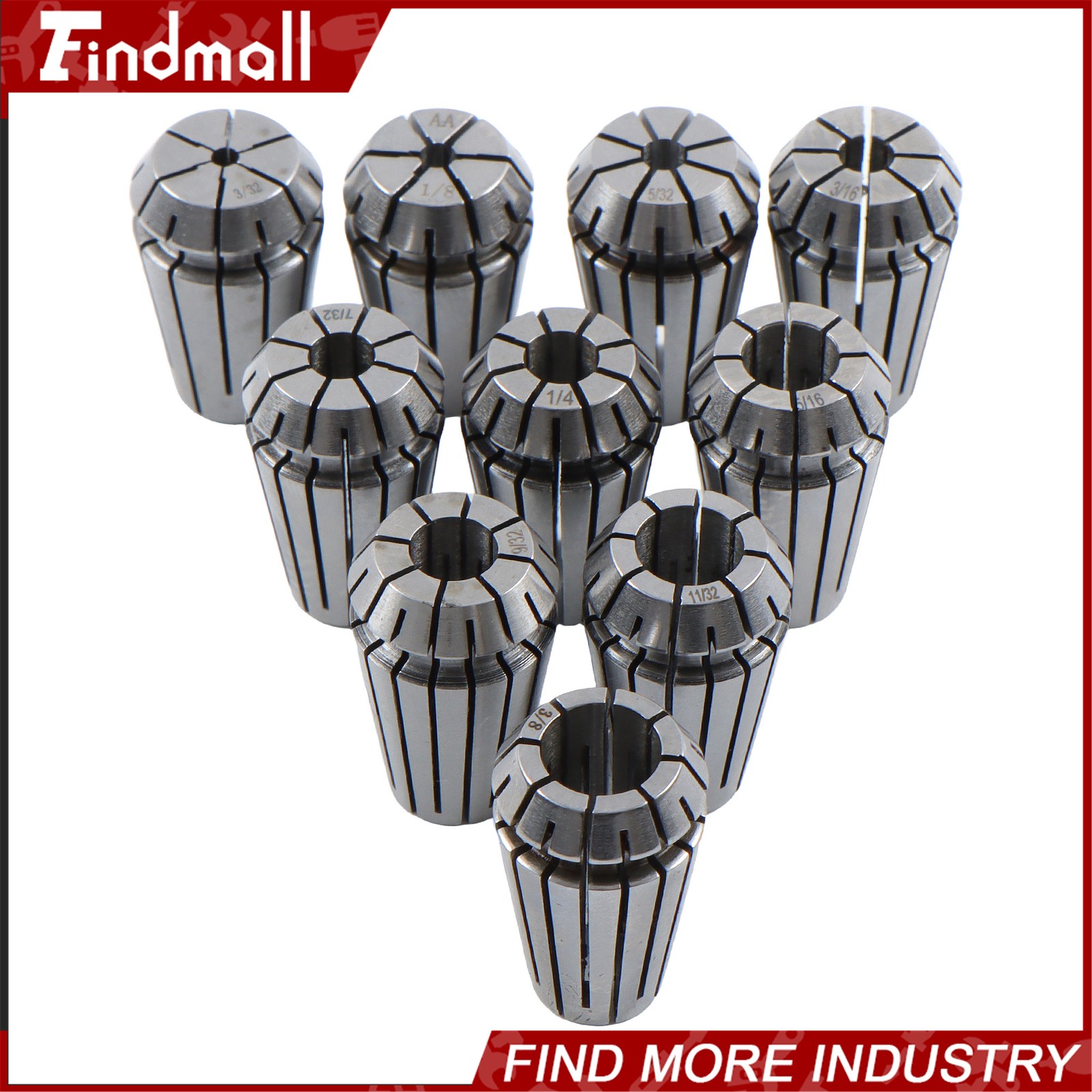 Findmall ER16 Collet Set 10 Pack Precision 3/32 to 3/8 Inch by 32nds 0.0002 TIR
