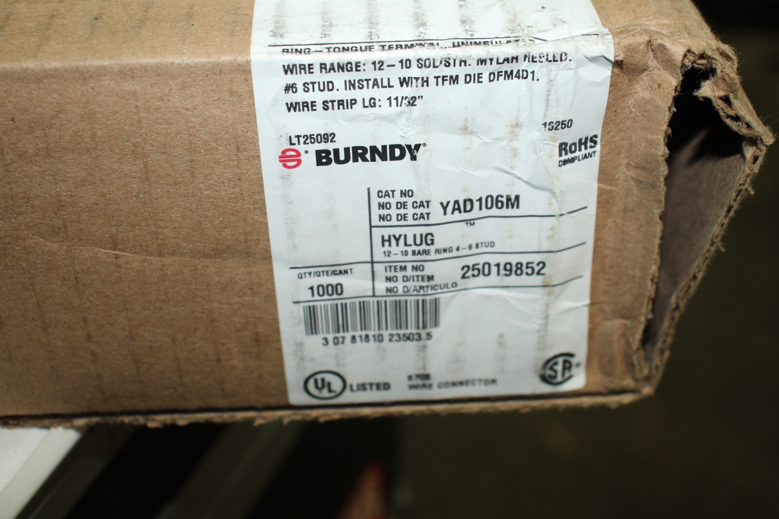 Box of 1000 Burndy Tongue Terminal Ring YAD106M Hylug 25019852