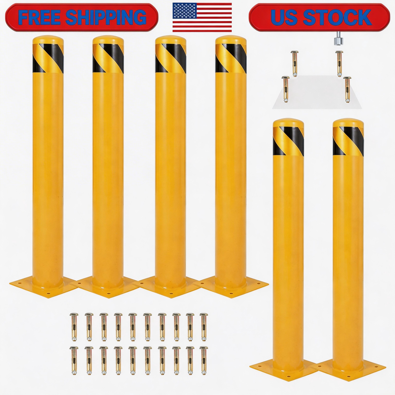 6-Pack 48 Inch Steel Safety Bollards, 4.5 Inch Diameter Parking Bollard Post