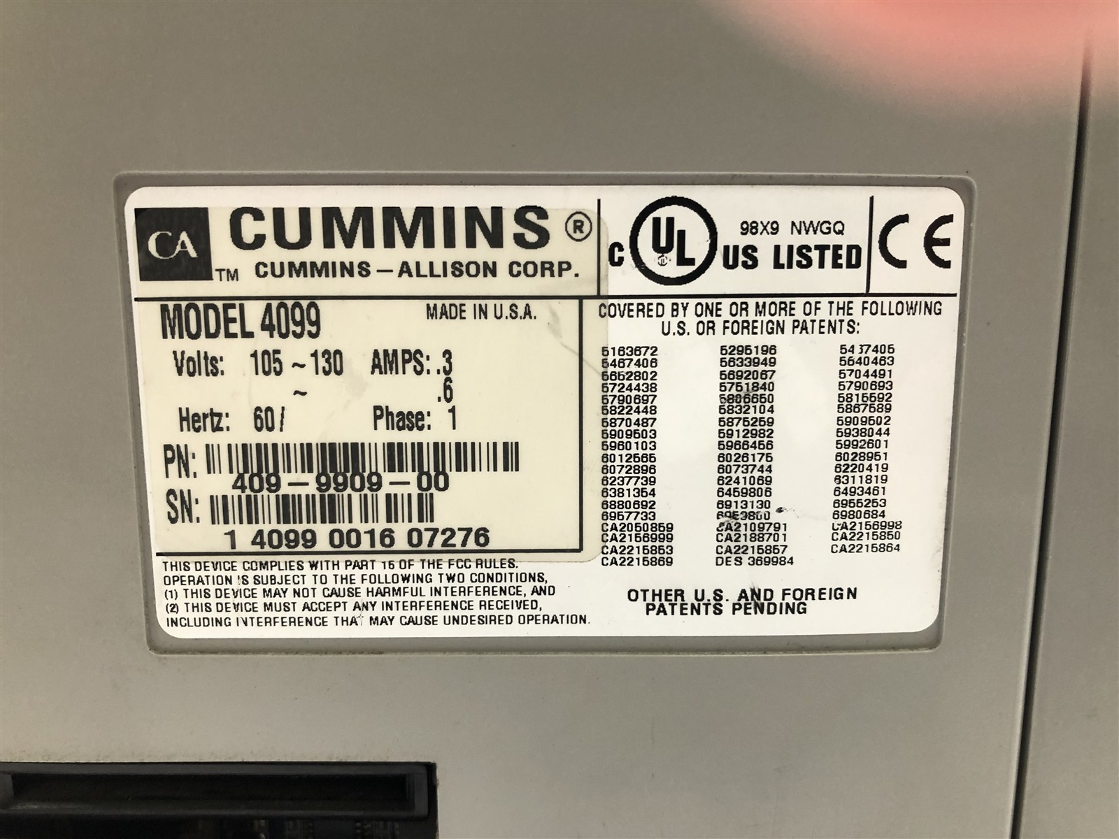 Cummins JetScan 4099 Dual-Pocket Currency Counter 409-9909-00 w/ Hopper