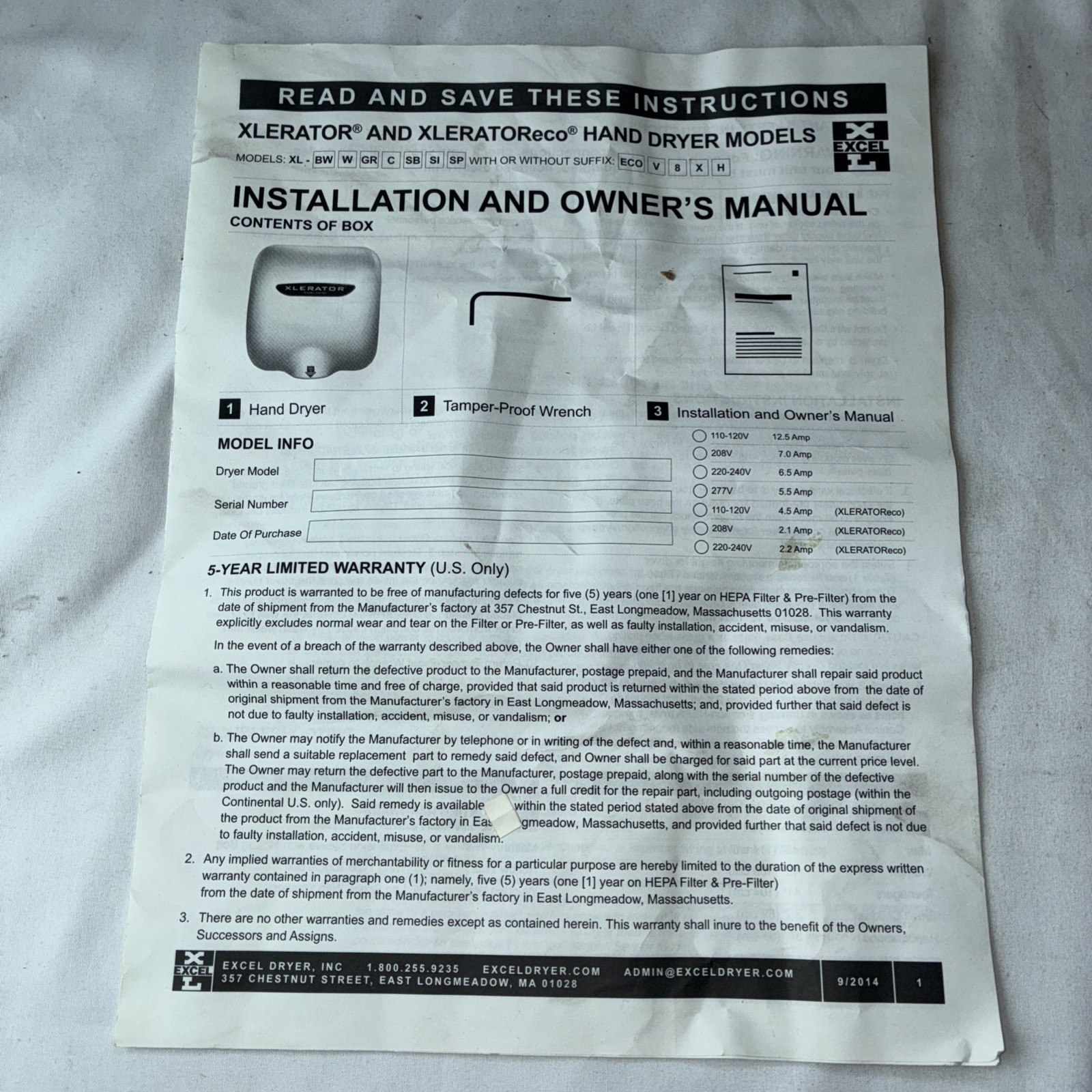 SLOAN XLERATOR MODEL EHD-501-SS WALL MOUNTED Automatic Hand Dryer