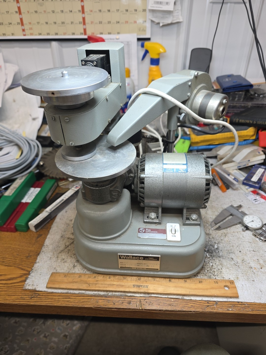 WALLACE A7 ABRASION TESTER FOR RUBBER/PLASTIC TESTER 110 VAC, EX WORKING COND