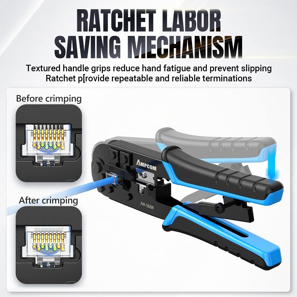 RJ45 Crimping Tool, 8P/6P-RJ11, RJ12 Crimper Cutter Stripper AM-568R