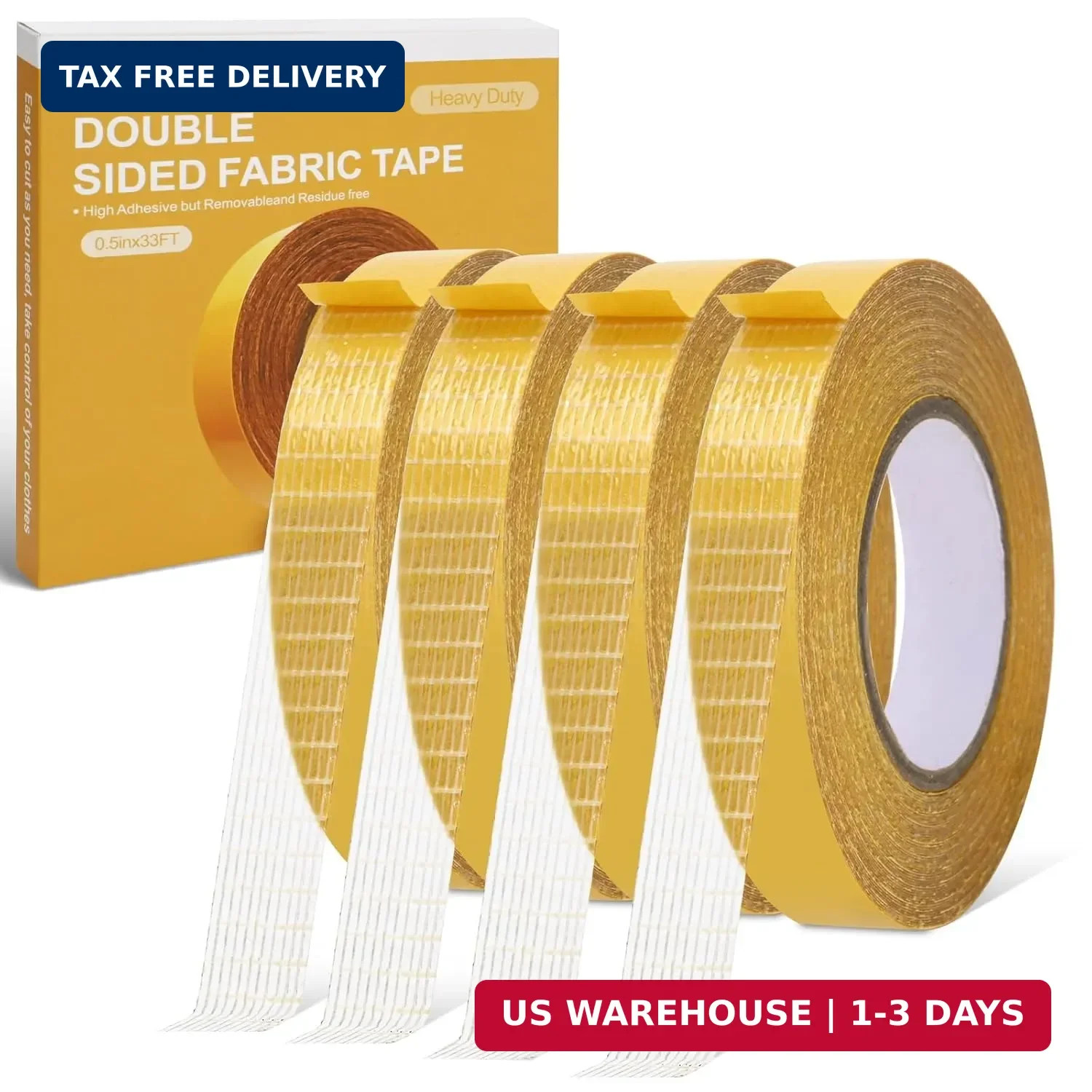 4 Pack， 0.5 in x 33FT/10m，Double Sided Fabric Tape Heavy Duty for Hem，Fashion Dr