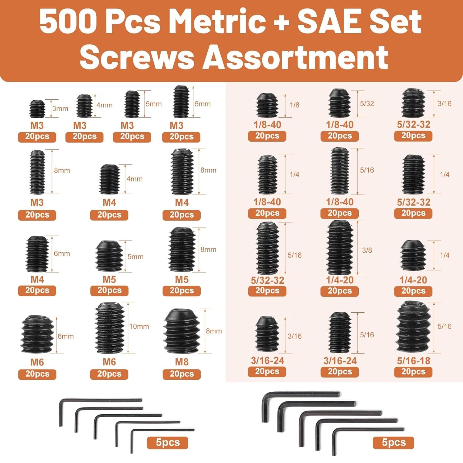 500 Pcs 25 Size Set Screws Metric&SAE Set Screw Assortment Kit 12.9 Alloy Ste…
