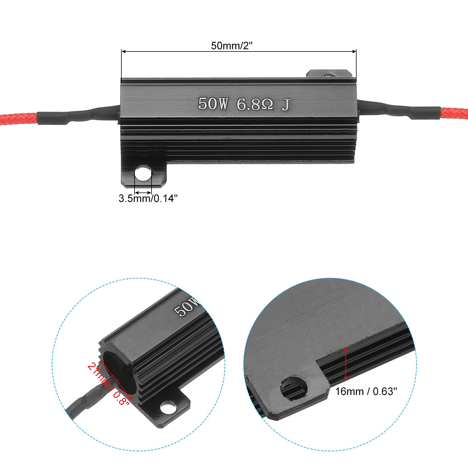 50W 6.8 Ohm Aluminum Shell Resistor, 2Pcs Housing Resistor with Clips, Black