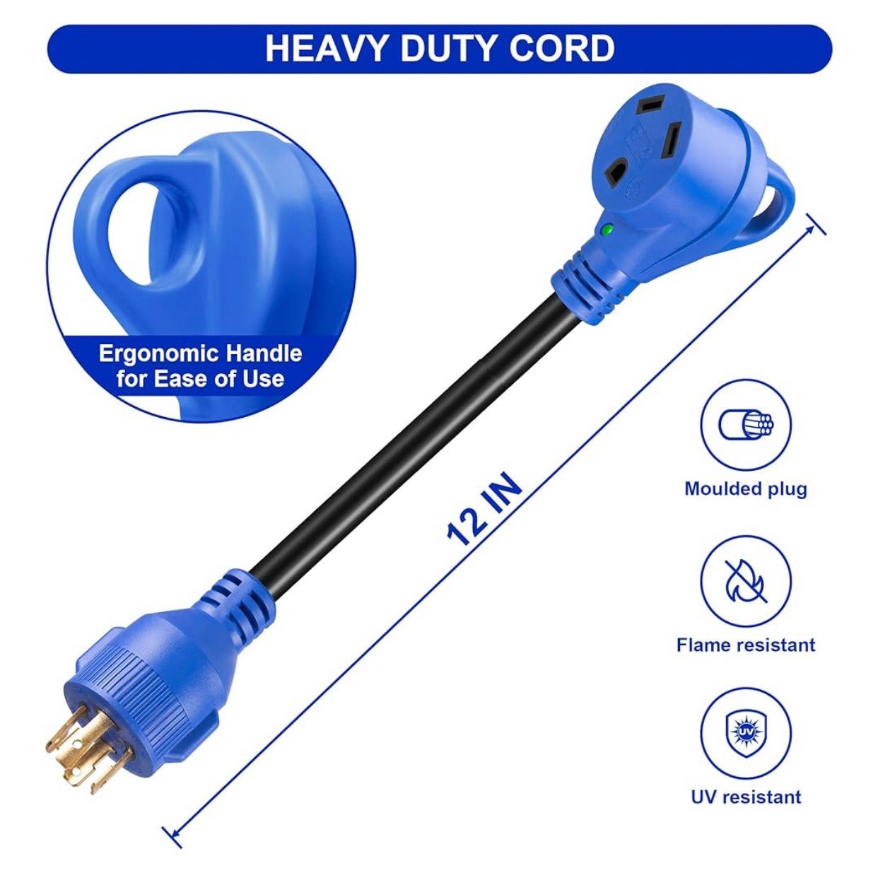 4 Prong 30 Amp RV Generator Adapter Cord NEMA L14-30P to TT-30R Adapter Cord 12″
