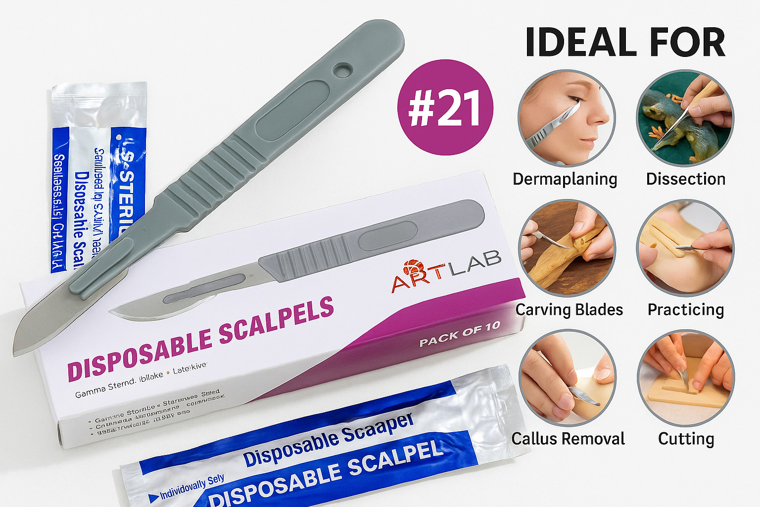 PACK OF 10 STERILIZED DISPOSABLE SCALPELS #21-SINGLE USE – DISSECTING, SURGICAL