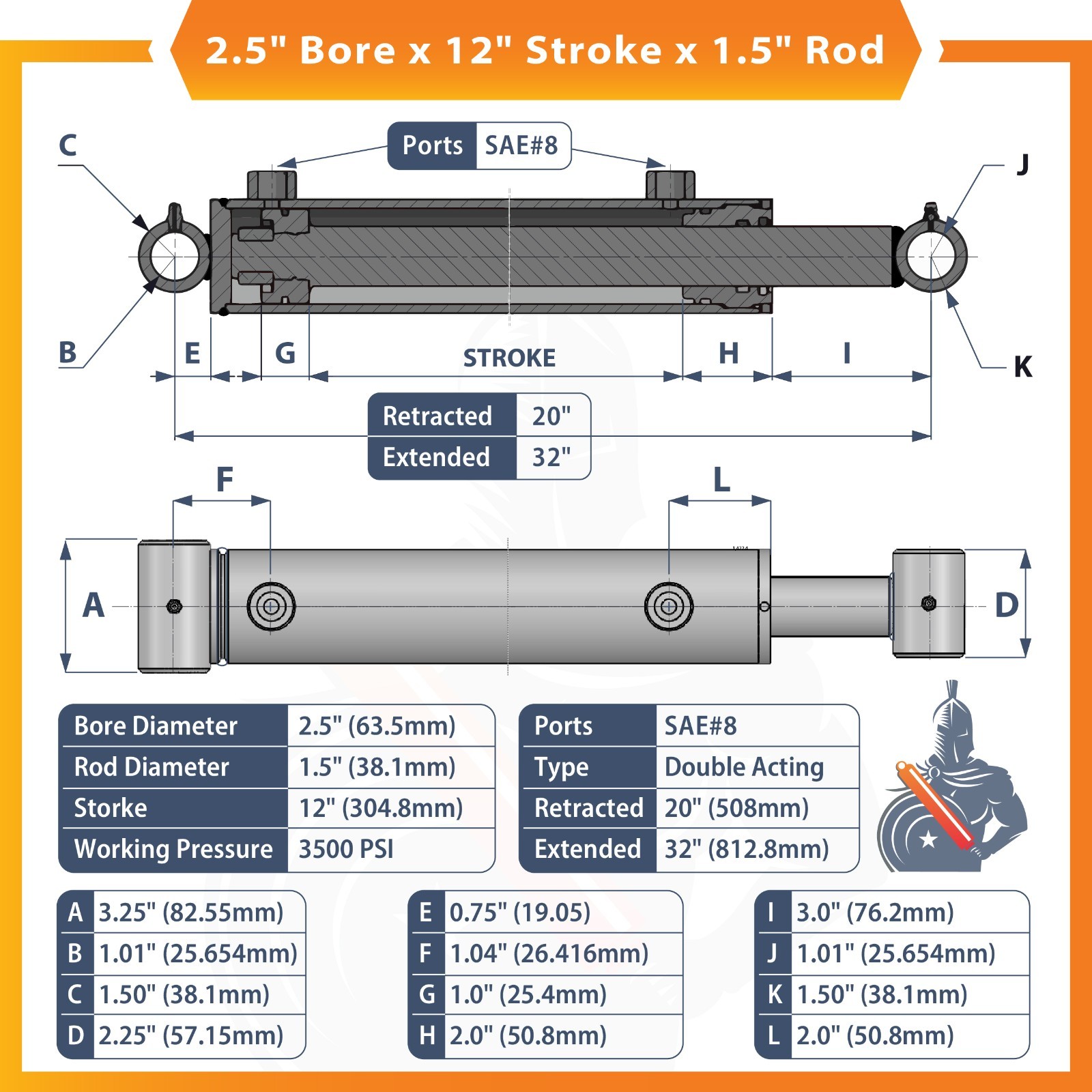 2.5″ Bore 12″ Stroke Hydraulic Cylinder Welded Cross Tube Double Acting – 2.5×12