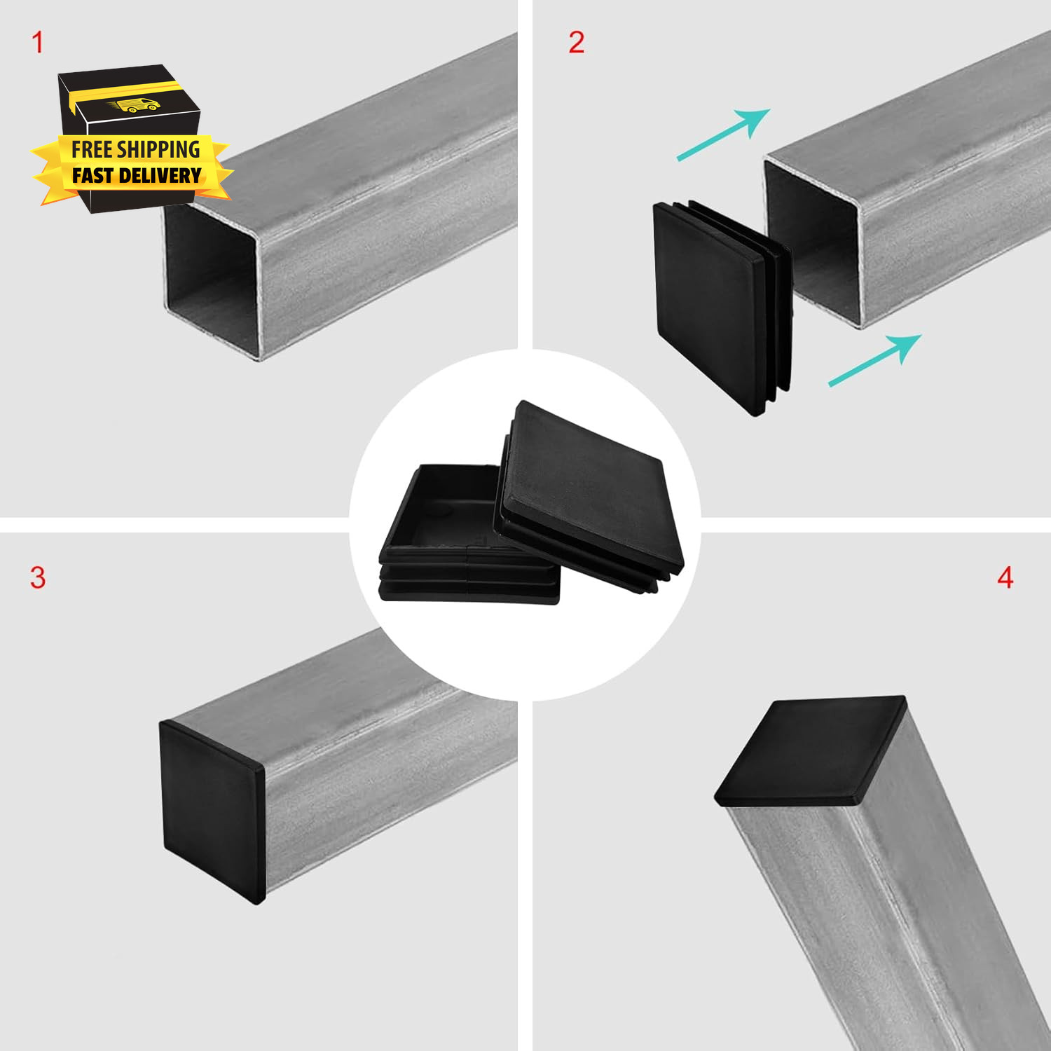 4 Pcs 2 Inch 2X2 Square Tube End Caps – Black Plastic Finishing Plugs for Metal