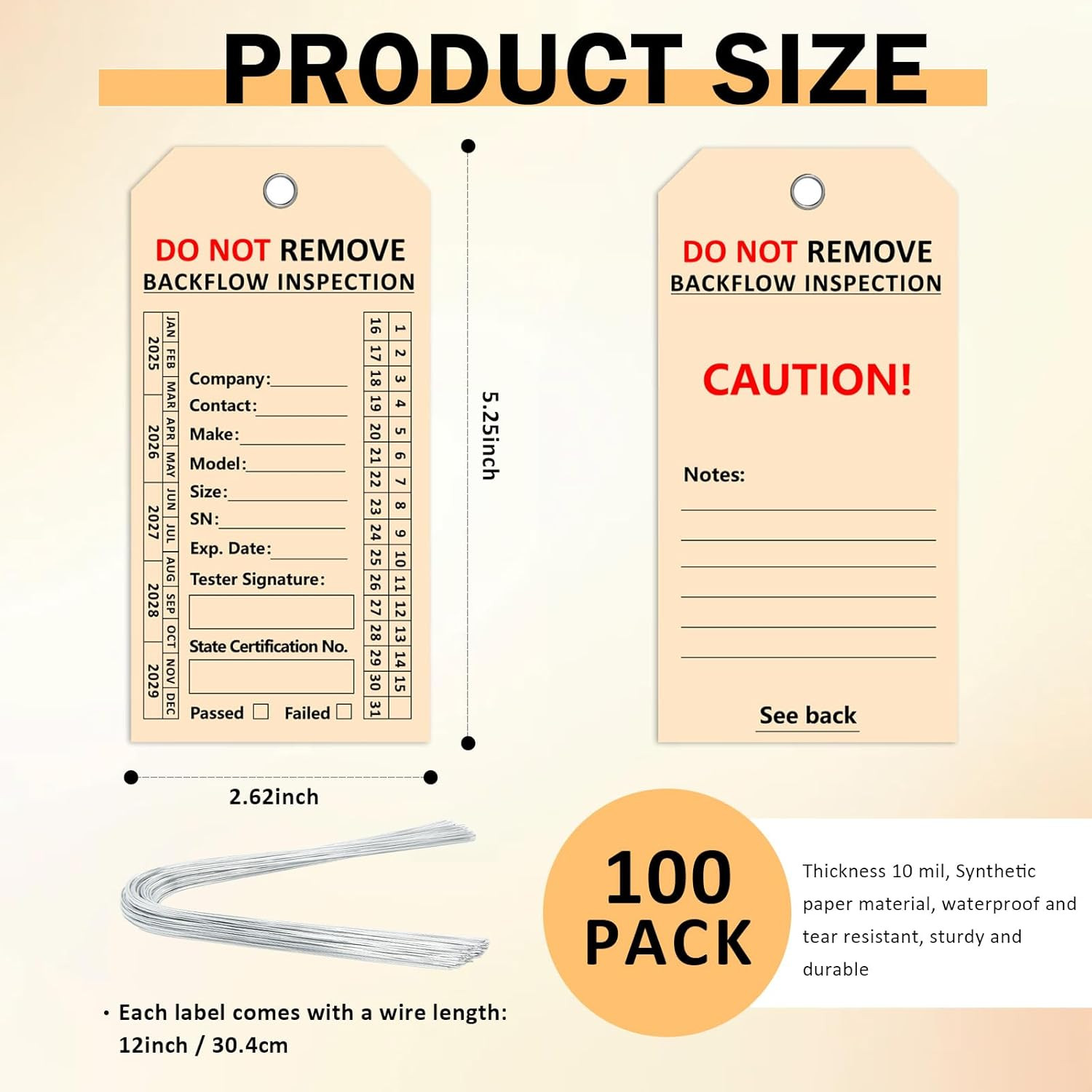 100 PCS Waterproof Backflow Inspection Tags Record Heavy 10 Mil Synthetic Paper