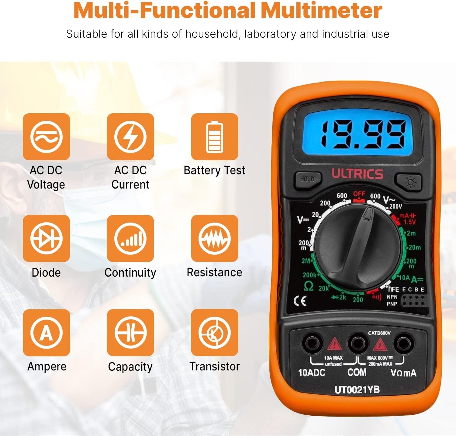 Digital Multimeter 2000 Counts Voltage Tester Backlit LCD AC DC