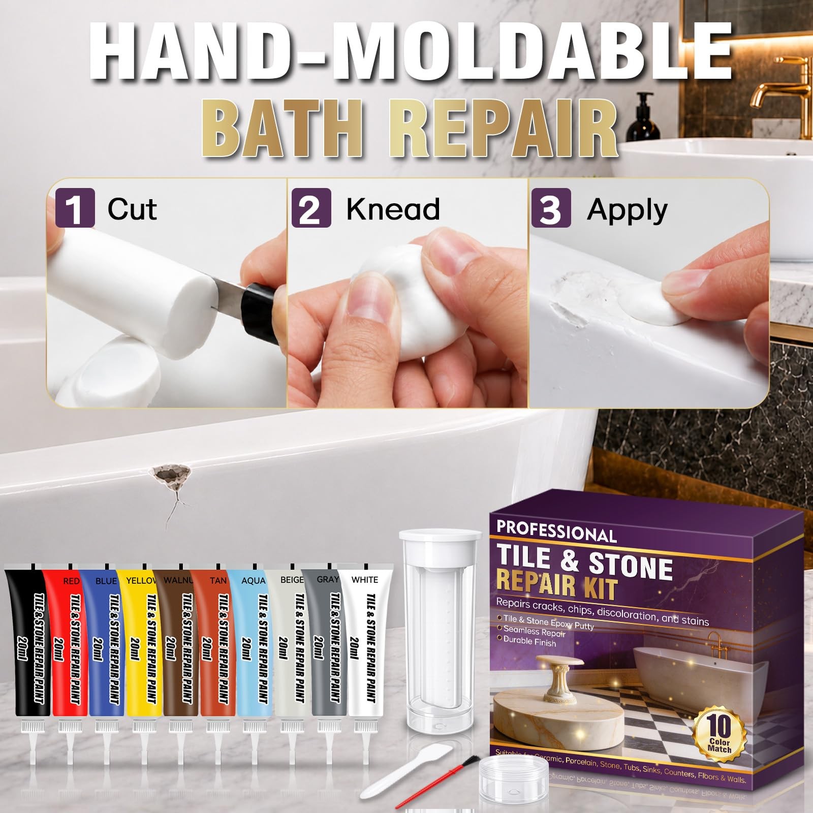 Porcelain Repair Kit, Tile and Stone Repair Kit, 10 Colors, Seamless Finish, …