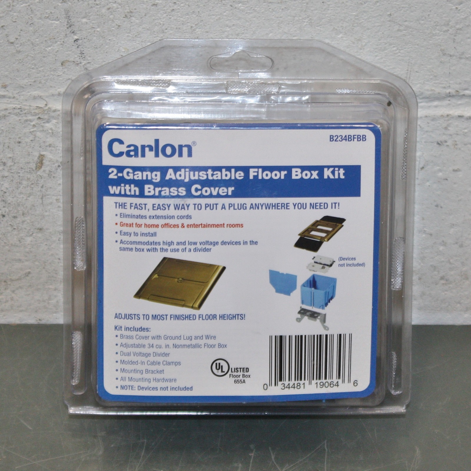 T&B Carlon Adustable Floor Box B234BFBB, 2-Gang, Brass, Plastic, 34 cu in