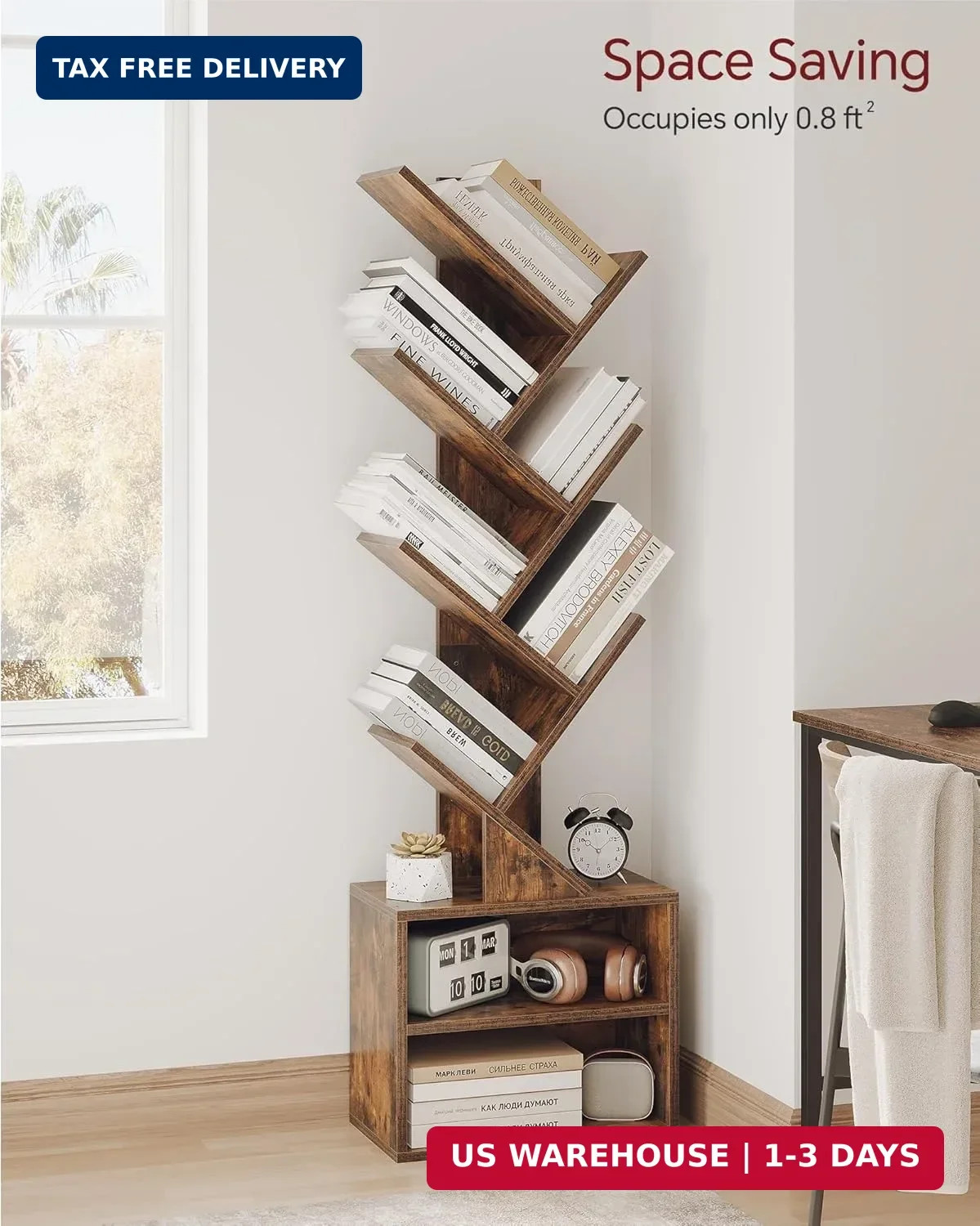 6 Tier Tree Bookshelf, Small Bookcase with Storage Cabinet, Modern Tall Narrow B
