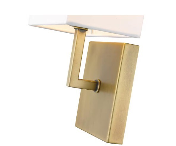 Saxon 7 in. 1-Light Rubbed Brass Interior Wall Sconce with White Fabric Shade