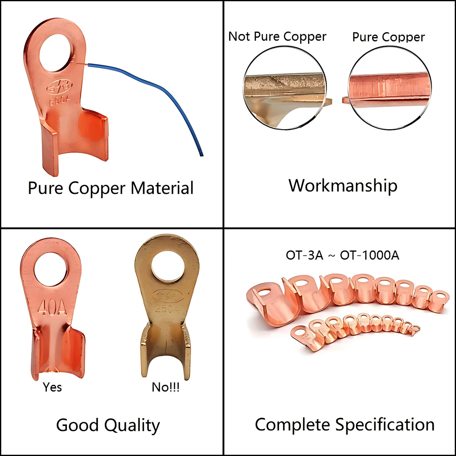 Open Cable Lugs Copper Ring Terminal Electrical Wire Crimp Connectors OT 3-1000A