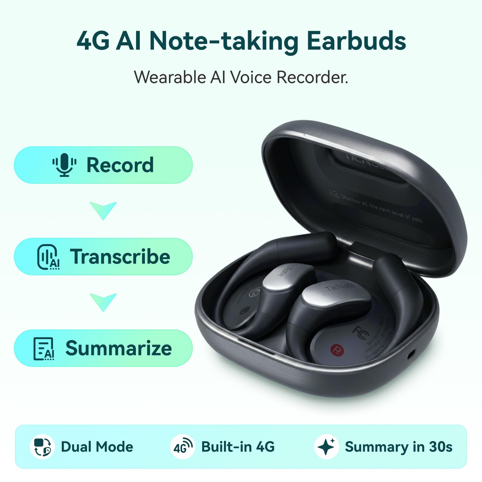 TicNote Pods Wearable AI Voice Recorder with 4G, No Phone Needed, Voice Activ…