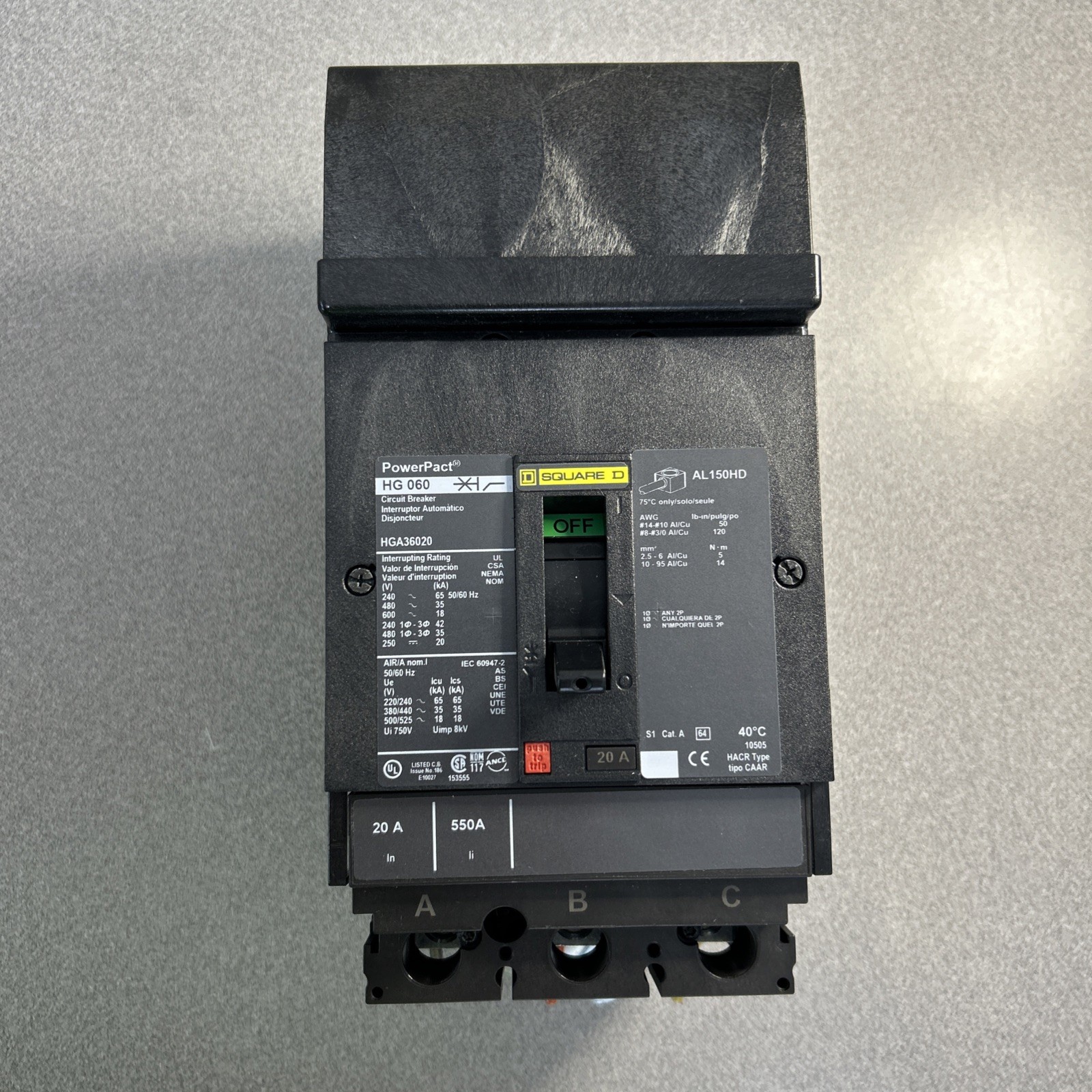 Square D HGA36020 20A 600V PowerPact AL150HD Circuit Breaker