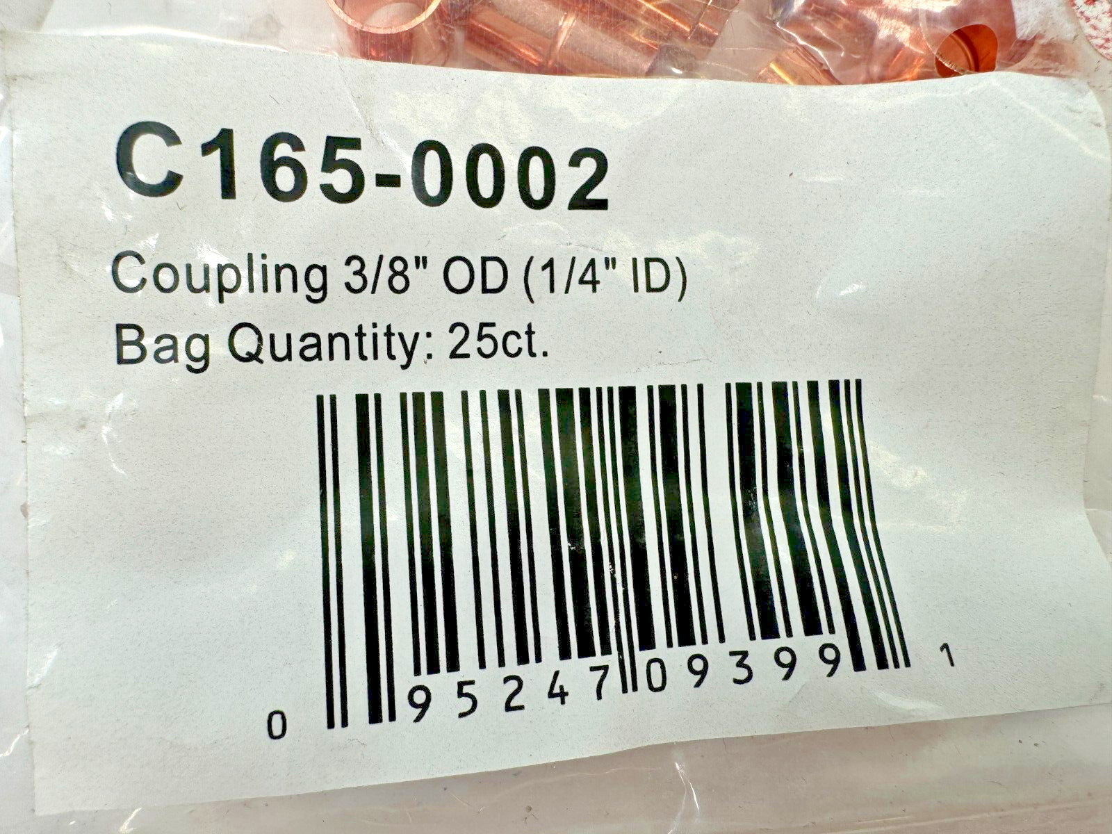 PKG 25 – 3/8″ OD (1/4″ ID) Copper Sweat / Solder Coupling PN: C165-0002