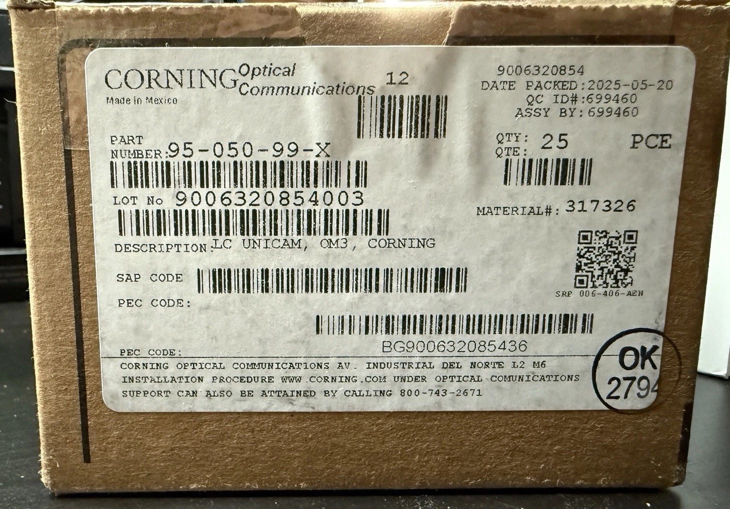 Corning UniCam® LC Connector, 50µm OM3/OM4, 25 pcs 95-050-99-X
