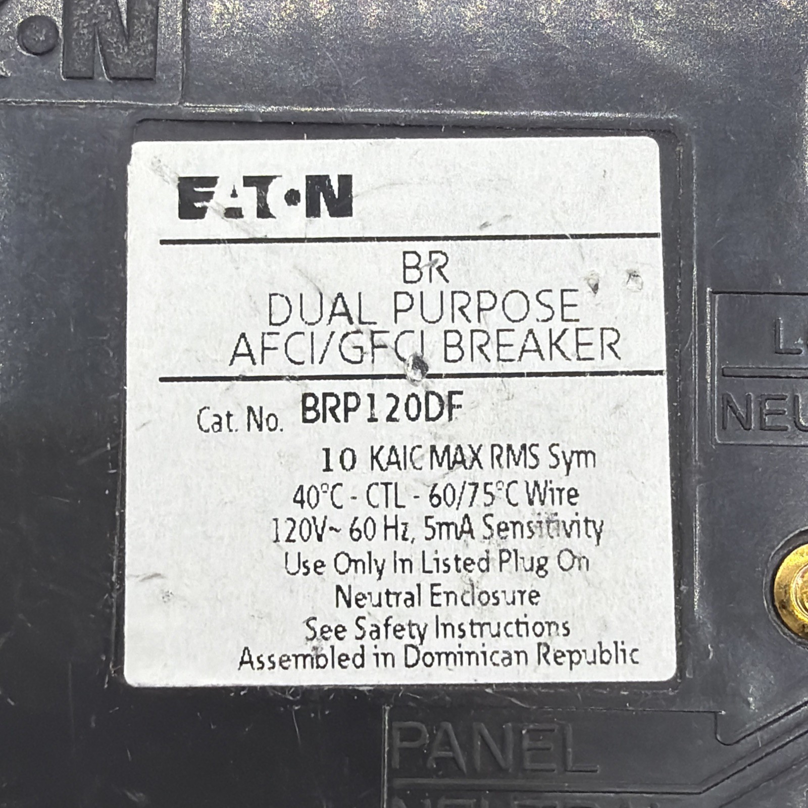 EATON BRP120DF 20A DUAL FUNCTION COMBO ARC FAULT/GROUND FAULT Broken Tabs