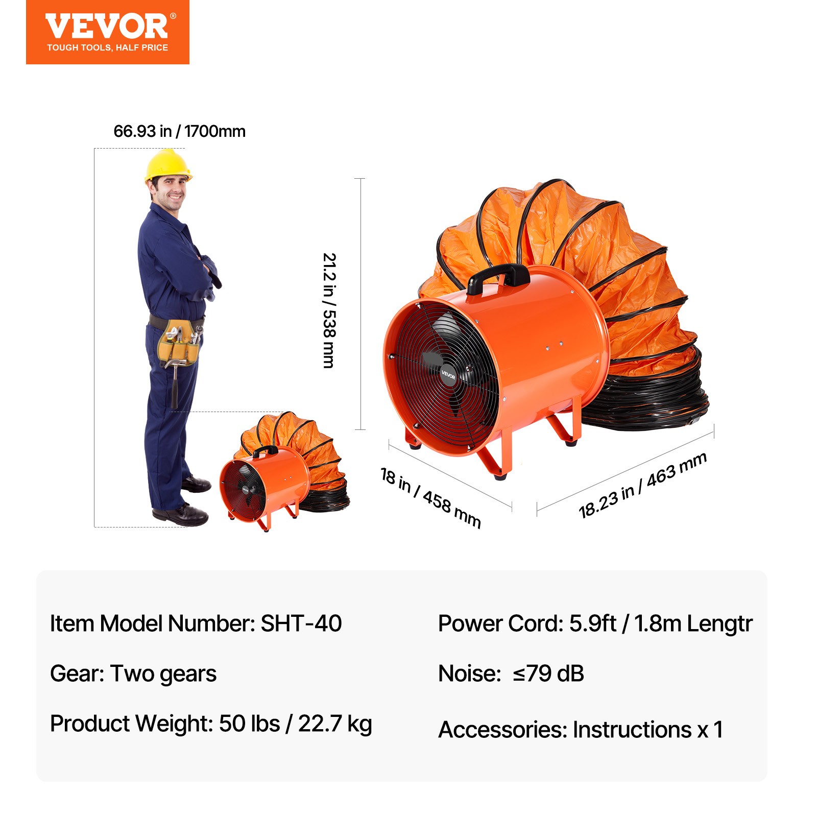 VEVOR 16″ Extractor Fan Blower Portable 33ft Duct Hose Ventilator Industrial