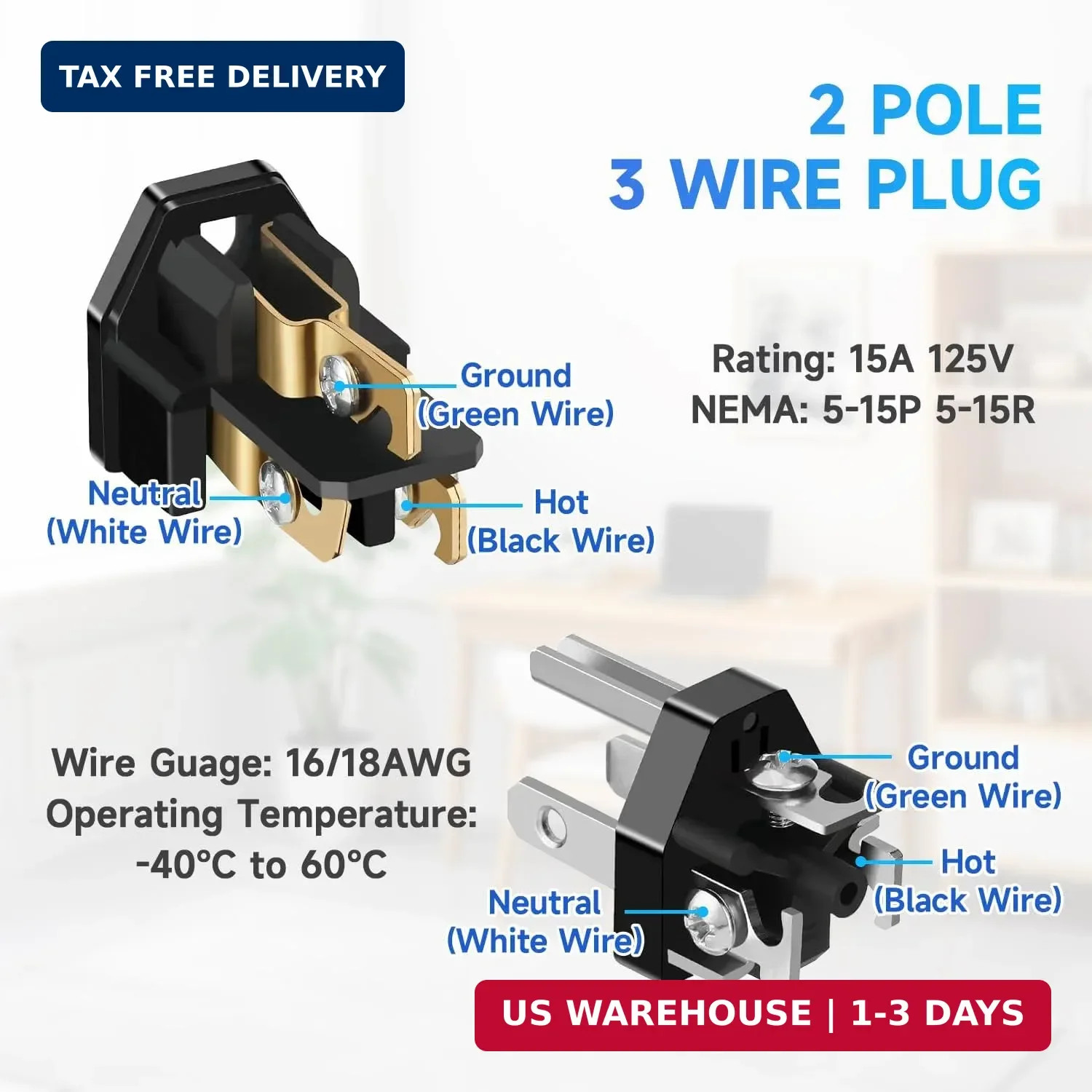 2 Sets Extension Cord Repair Ends Male and Female 3 Prong Replacement Plug End C