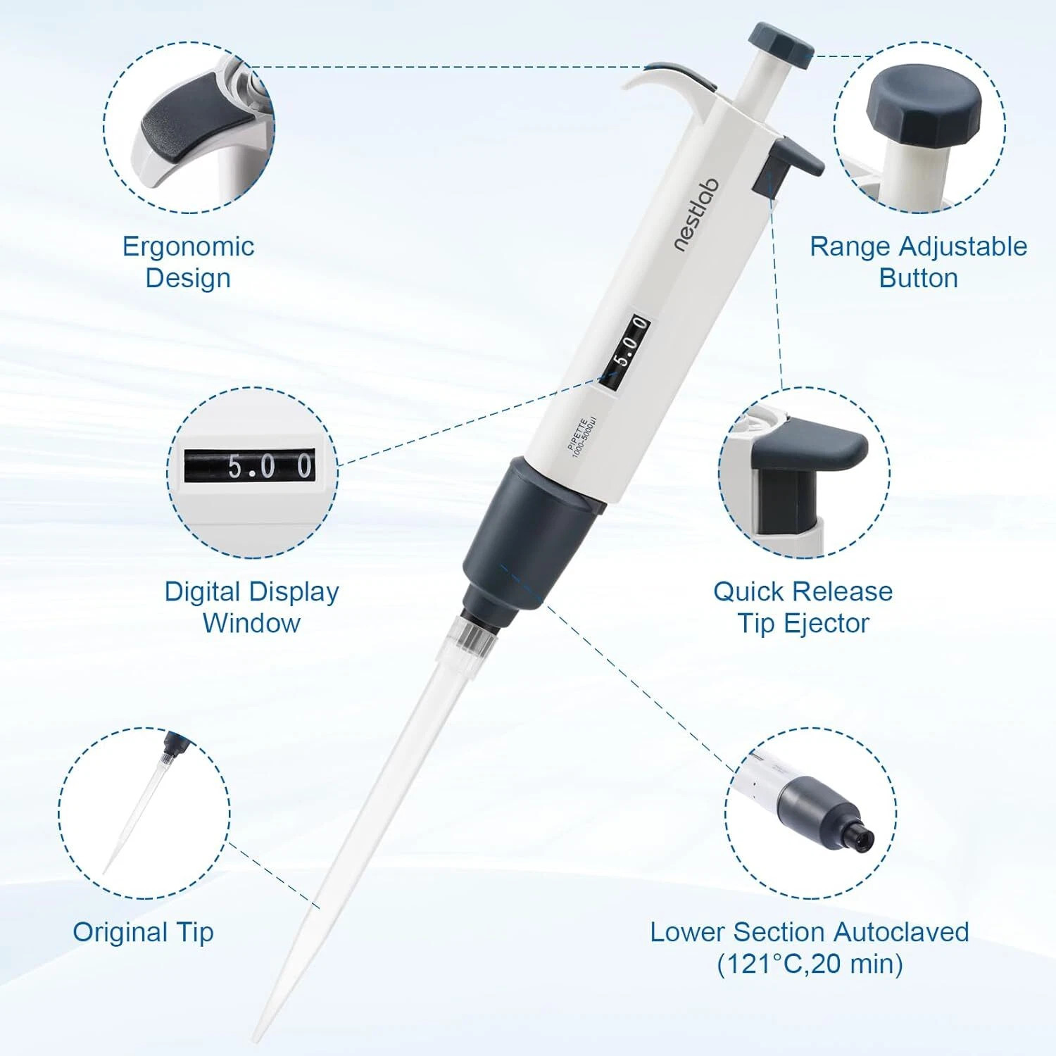 0.1-1ml 1-5ml 2-10ml Micropipette Adjustable Lab Pipette Single Channel Pipettor