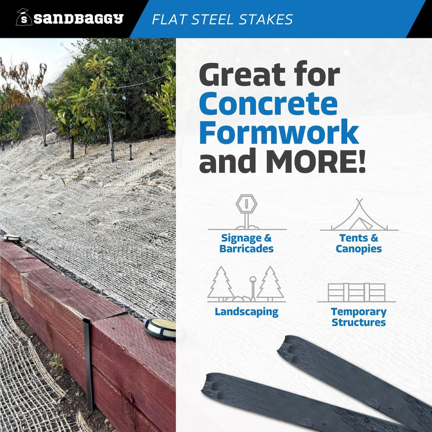24″ Flat Steel Stakes for Concrete Forms with Nail Holes – 1.5″ Wide – Painted –