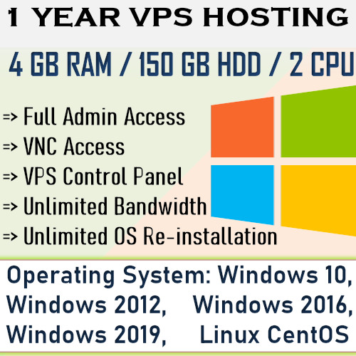 USA VPS Hosting Account – 1 year plan, 4GB RAM + 150GB HDD + 2 VCore CPU
