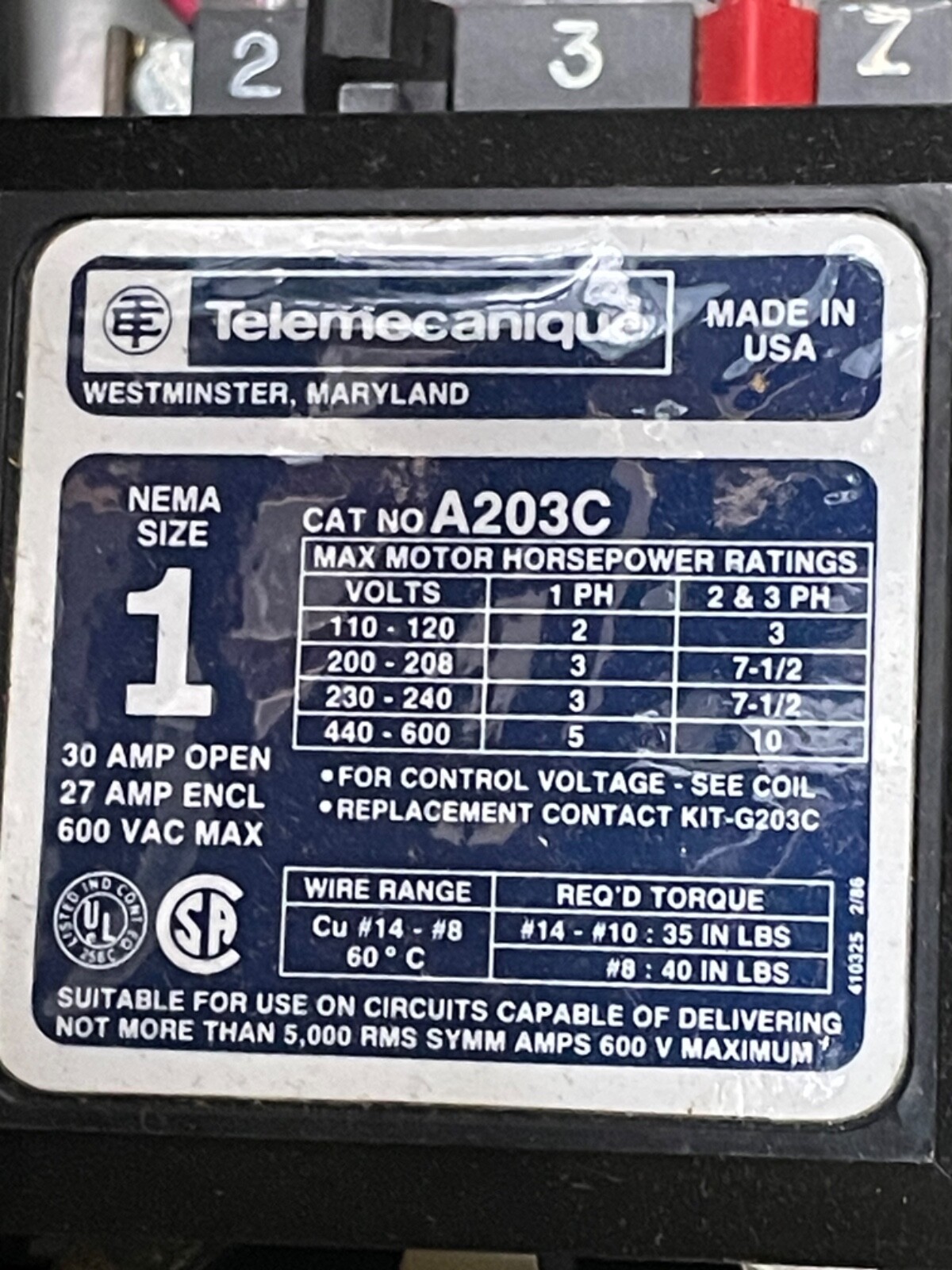 Telemecanique Motor Control Unit Bucket 3-Ph 480-V 120-V Coil 10-Hp A203C Size 1