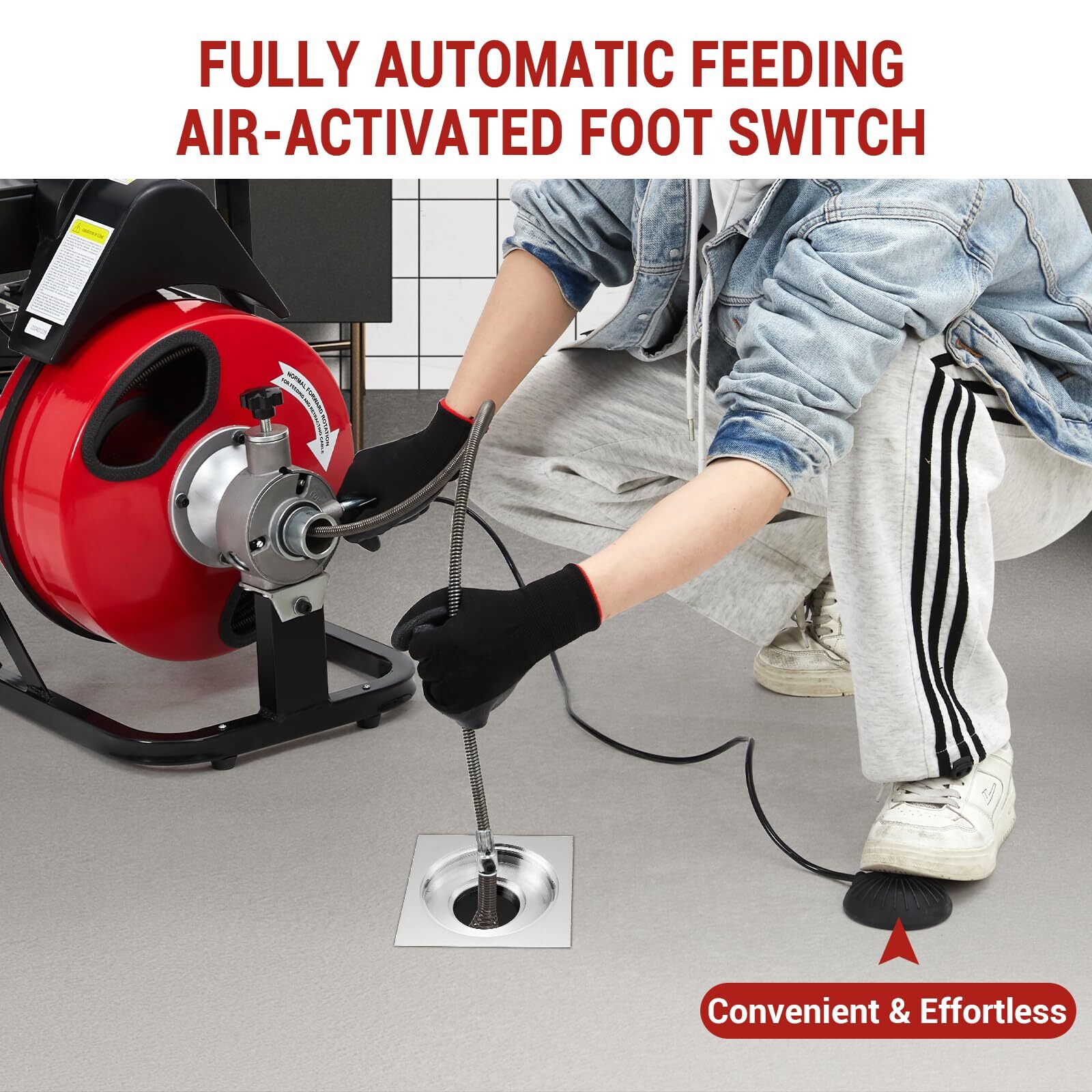 Drain Cleaner Machine Electric Drain Auger 75 FT x 1/2 In Auto Feed 370W Motor