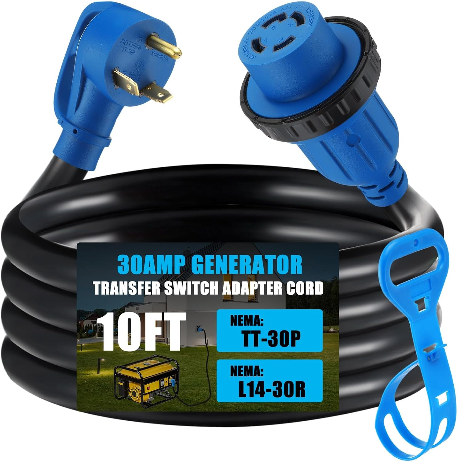 10 Ft NEMA TT-30P to L14-30R Generator Transfer Switch Adapter Cord