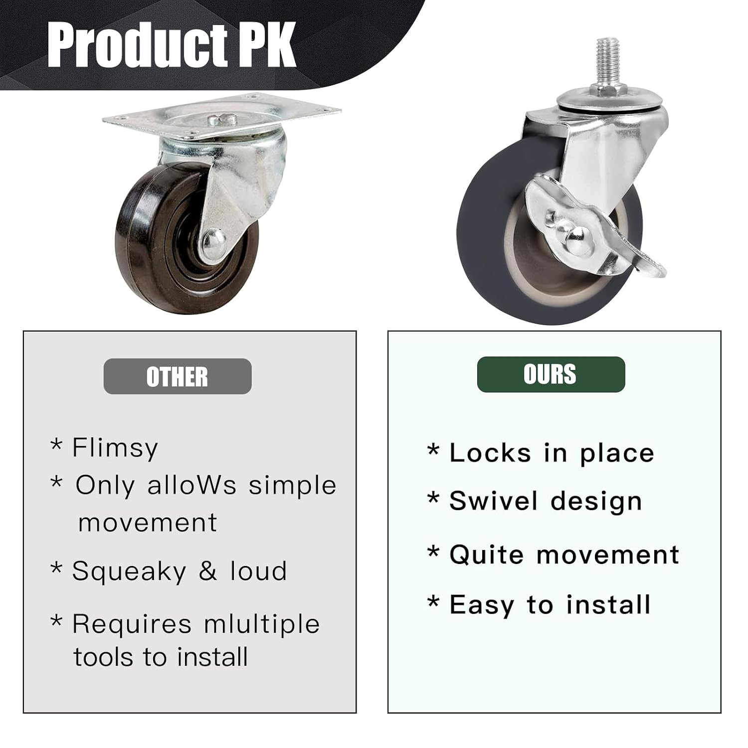 3 Inch Stem Caster Wheels Set of 4, Heavy Duty 600 Lbs Quiet Non-Marking Rubber