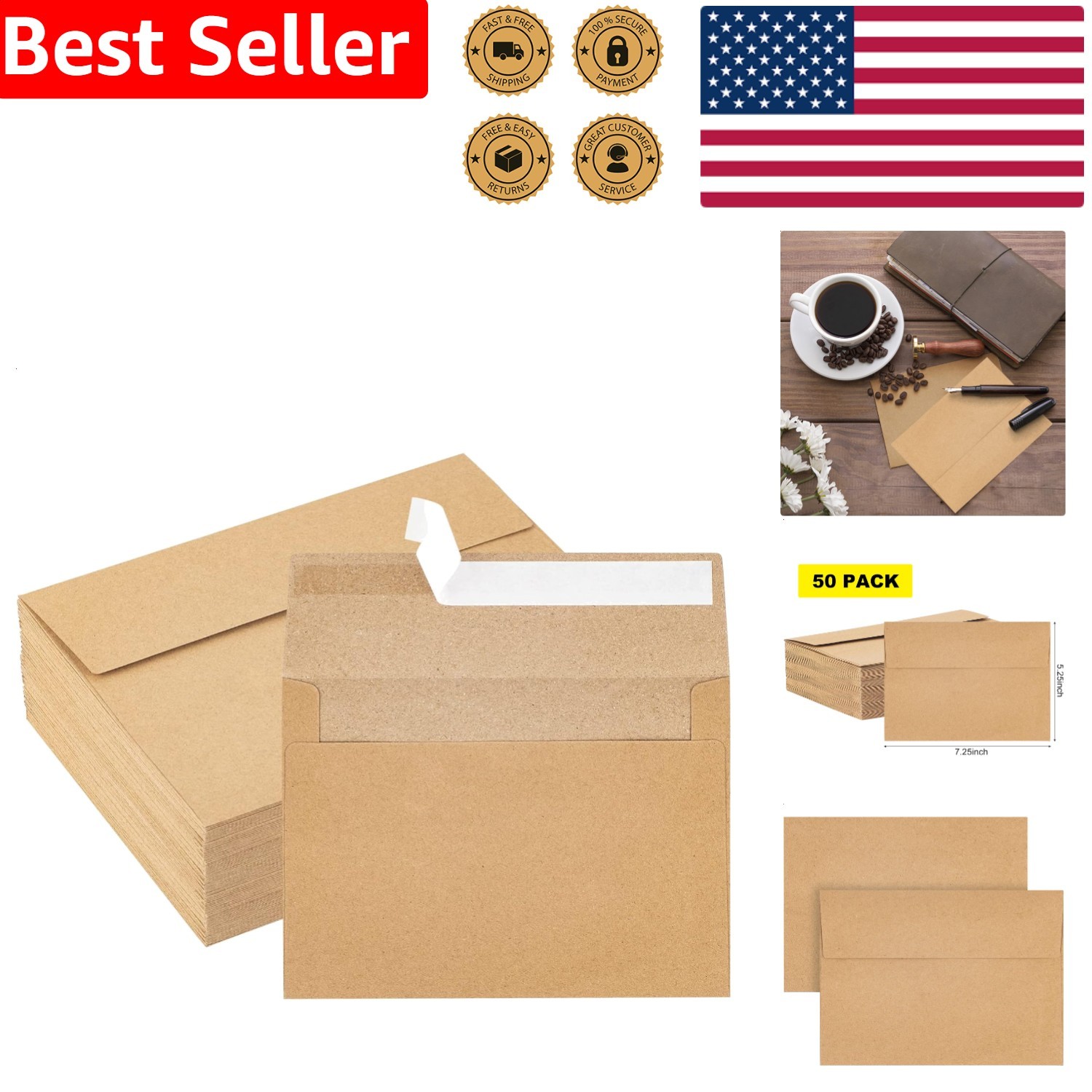 A7 Envelopes 50 Count Brown Self-Seal 5×7 Invitation Stationery Card