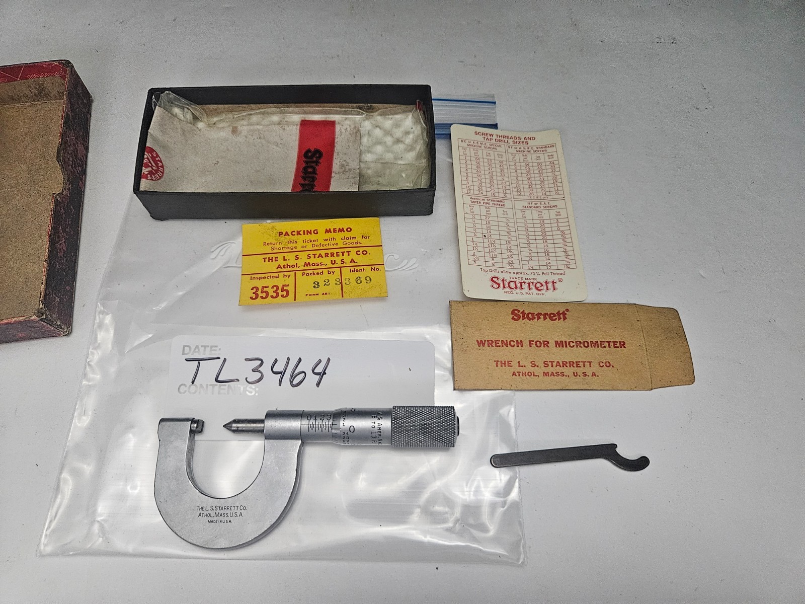 STARRETT #575 8 TO 13 TPI 0-1″ OUTSIDE THREAD MICROMETER W/BOX (TL3464)