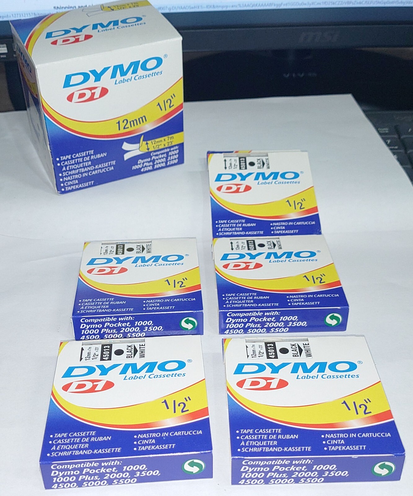 Lot of 5 Genuine Dymo D1 Black on White 1/2″ Label Tape Cassettes 45013