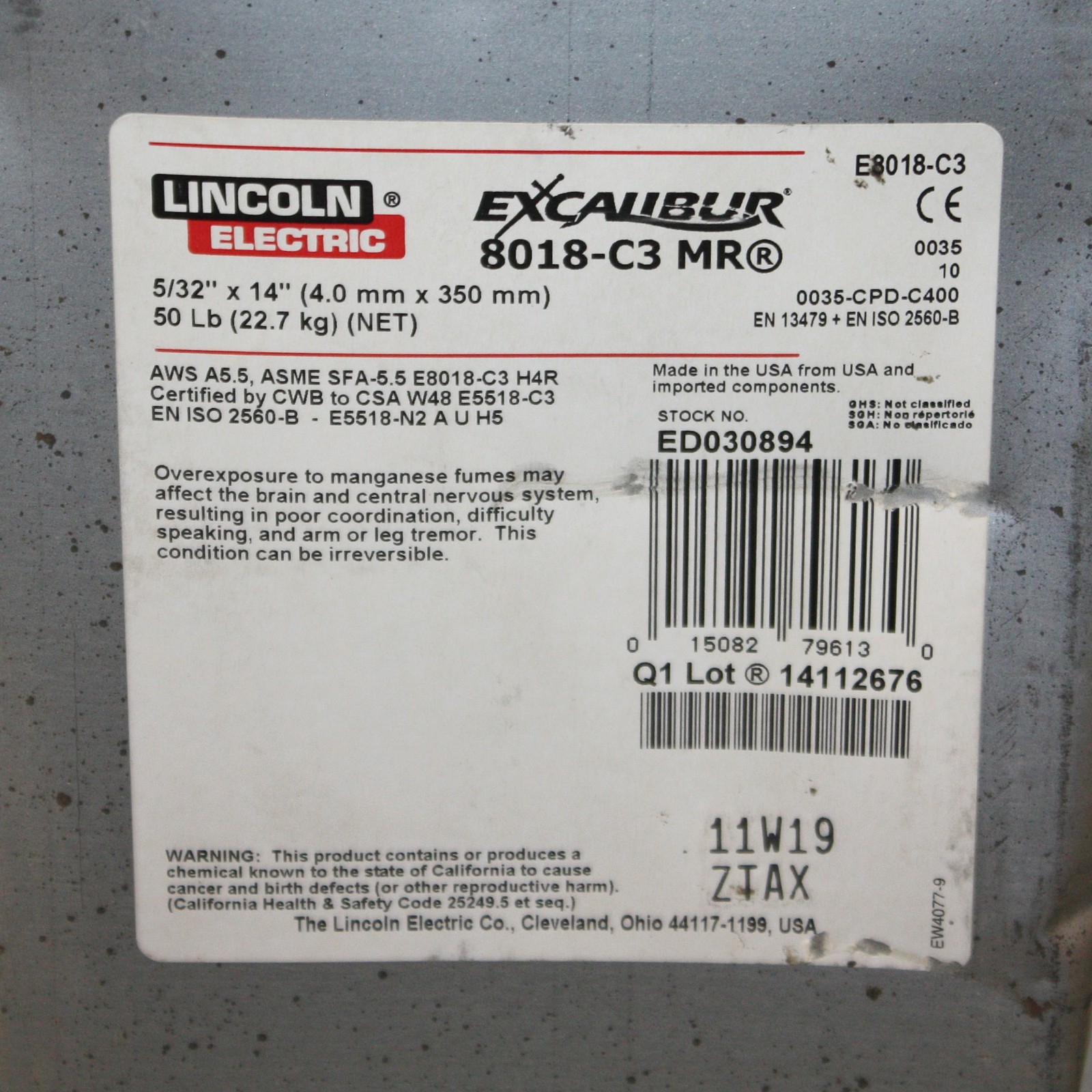 (50 lb) Lincoln Excalibur Stick Electrode 8018-C3 MR, 5/32″ x 14″, Welding Rod