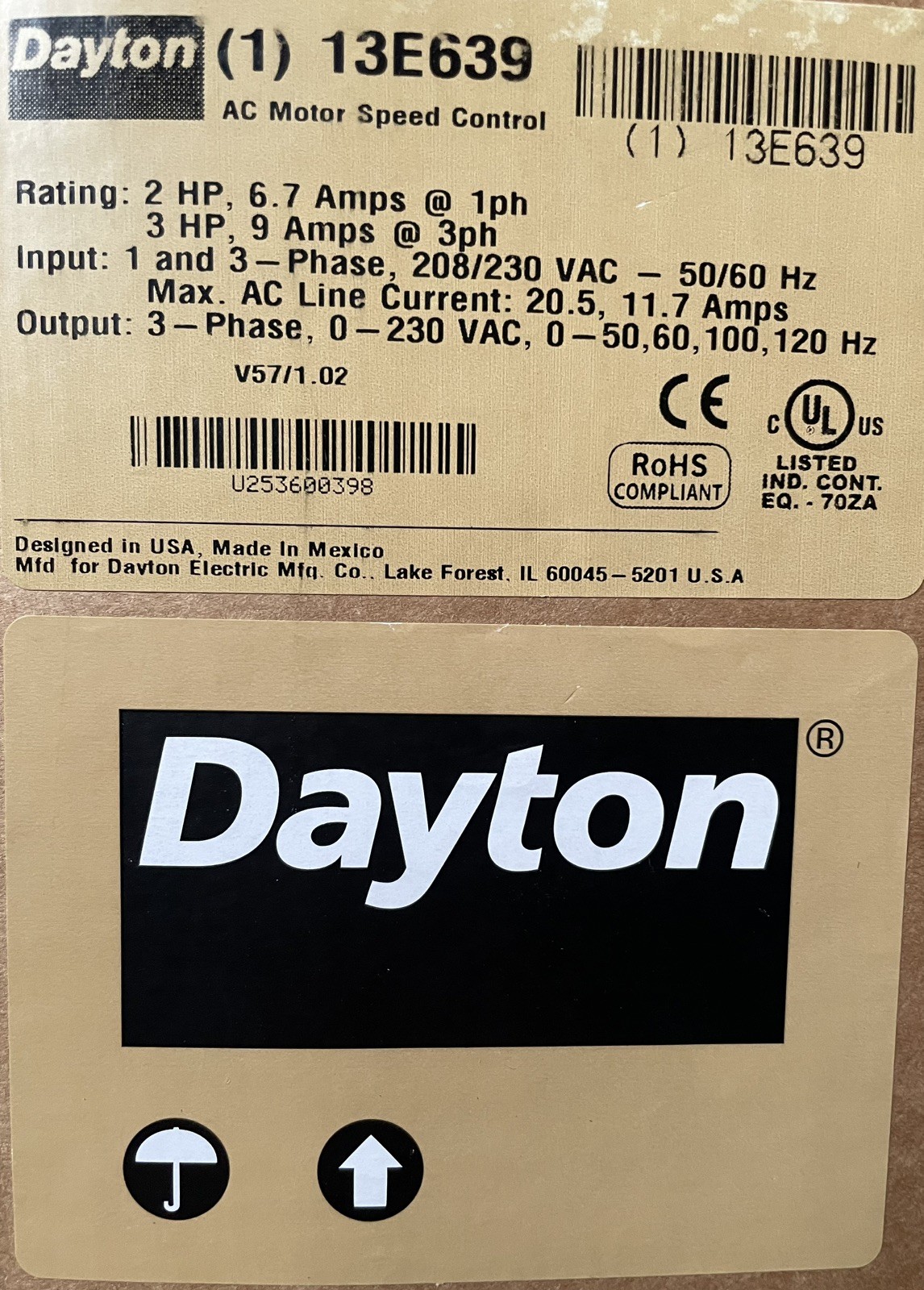 Dayton 13E639 Variable Frequency Drive, 3 Hp, 208-240V