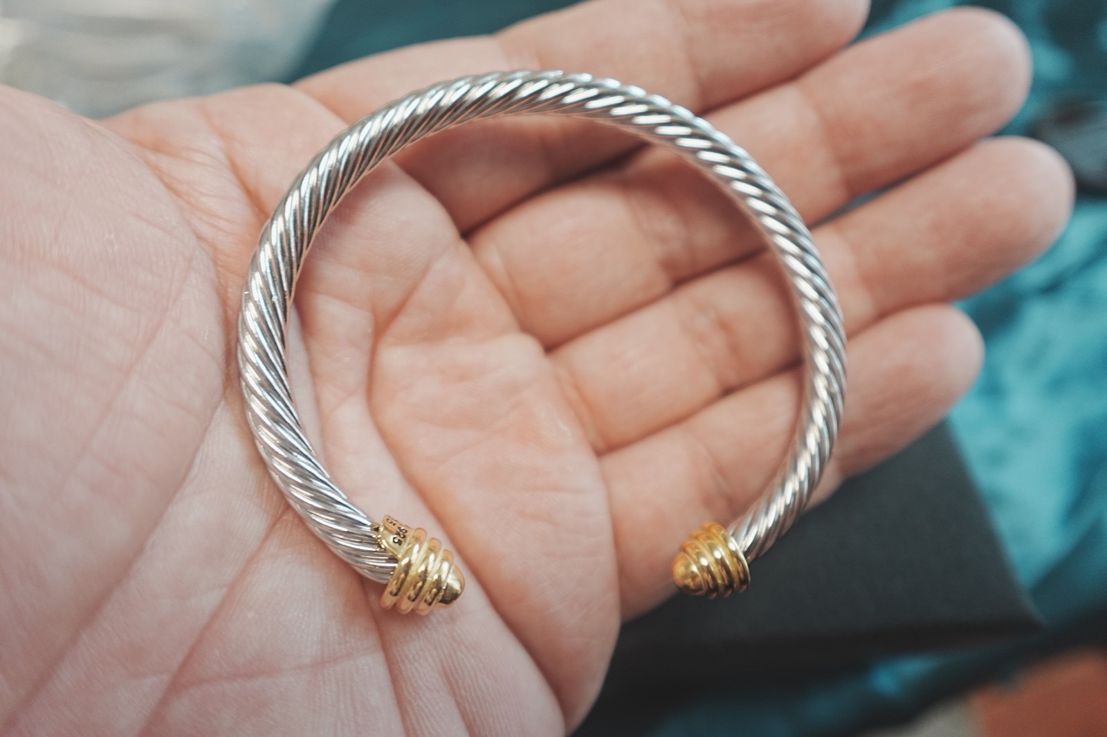 Gift.DavidYurman4mm.Classic Cable.Sterling Silver BraceIet&18k Gold Dome BangIe