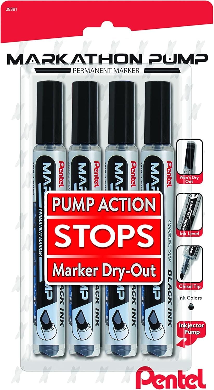 Pentel Markathon Pump Permanent Marker, Chisel Tip, Black Ink, 4 Pack