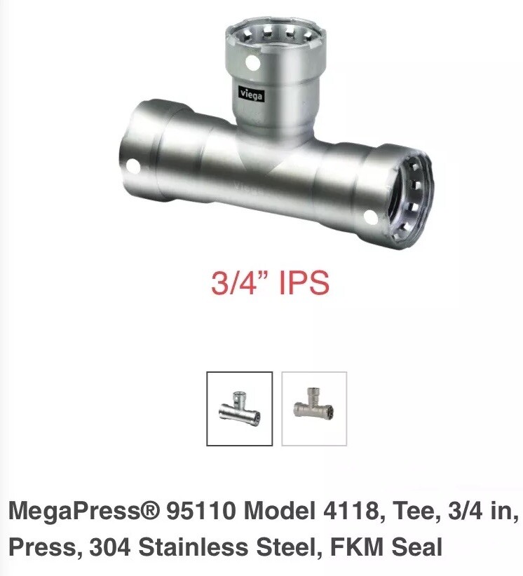 3/4” Viega 95110 MegaPress Stainless 304 Tee Pipe Press Fitting Model 4118 PxPxP
